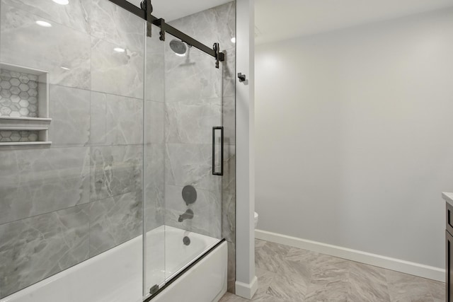 4489 Cranbrook Trl, Orchard Lake, MI 48323 - bathroom featuring toilet, vanity, baseboards, and combined bath / shower with glass door