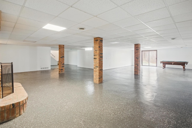 4489 Cranbrook Trl, Orchard Lake, MI 48323 - below grade area with pool table, visible vents, and a drop ceiling