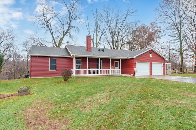 ranch-style home featuring covered porch, a front yard, and a garage