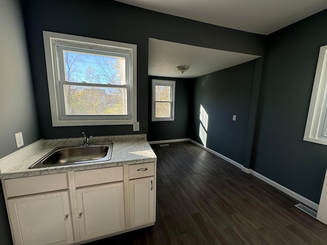 kitchen with sink, white cabinets, and dark hardwood / wood-style floors