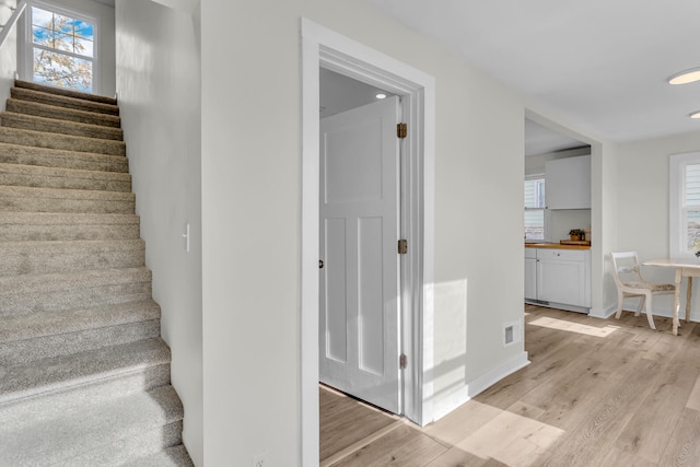 stairway with hardwood / wood-style flooring