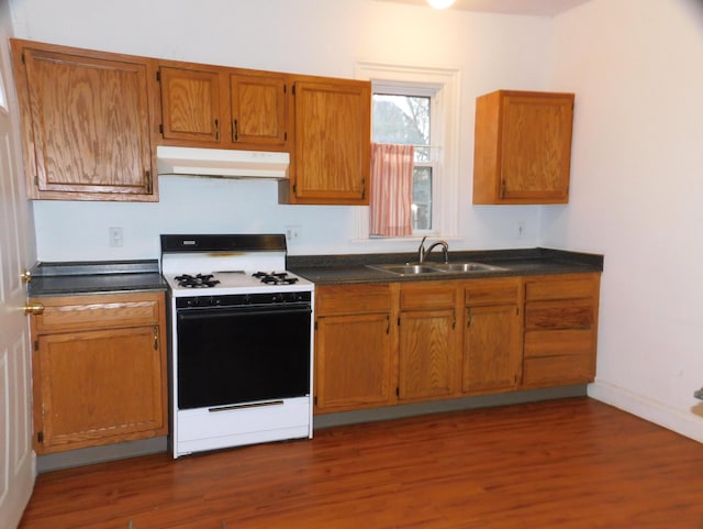 kitchen with white range oven, sink, and dark wood-type flooring