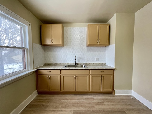 kitchen with sink, a healthy amount of sunlight, and light wood-type flooring