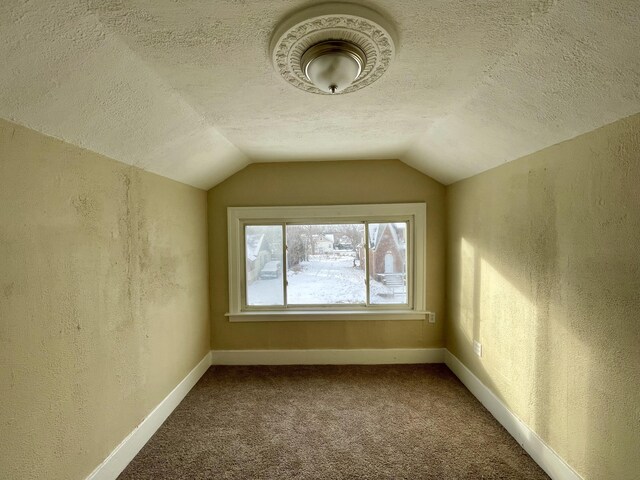 bonus room with carpet flooring, a textured ceiling, and vaulted ceiling