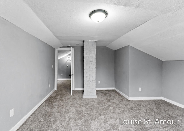 additional living space with a textured ceiling, light colored carpet, and vaulted ceiling