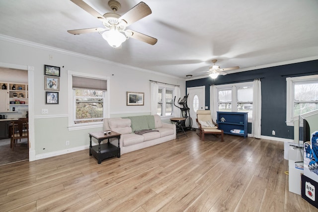 living room with light hardwood / wood-style floors, a wealth of natural light, and ornamental molding