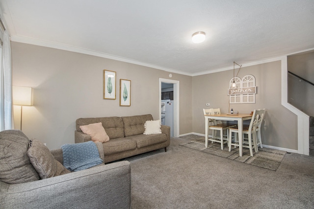 carpeted living room featuring ornamental molding