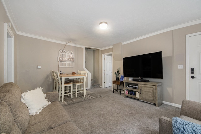 living room with carpet flooring, crown molding, and a textured ceiling