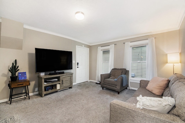 carpeted living room with ornamental molding