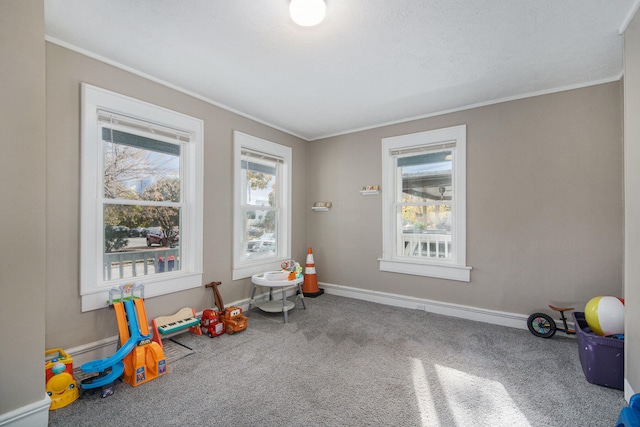 recreation room featuring carpet and ornamental molding