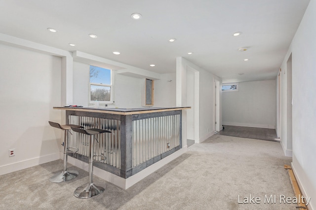 bar featuring light colored carpet