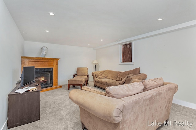 living room featuring light carpet