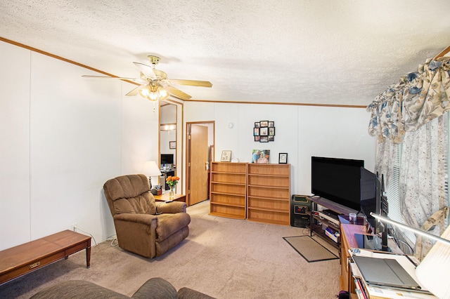 carpeted living room featuring vaulted ceiling, ceiling fan, crown molding, and a textured ceiling