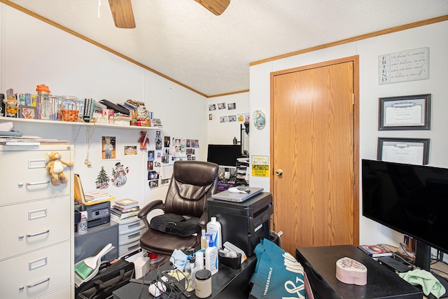 office featuring crown molding, ceiling fan, and a textured ceiling