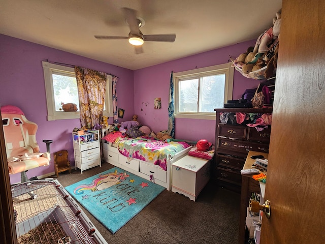 carpeted bedroom with ceiling fan