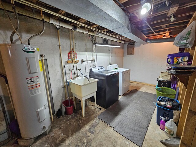 basement featuring washer and dryer and electric water heater