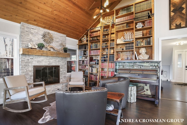 sitting room featuring a fireplace, high vaulted ceiling, wooden ceiling, and dark hardwood / wood-style floors