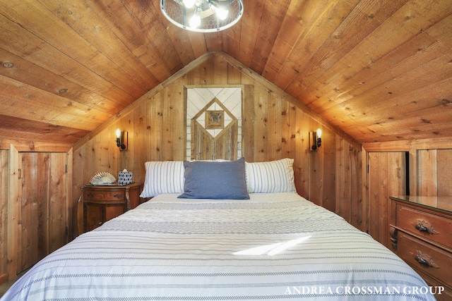 bedroom with lofted ceiling, wood walls, and wood ceiling