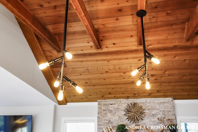 details featuring beamed ceiling and wooden ceiling