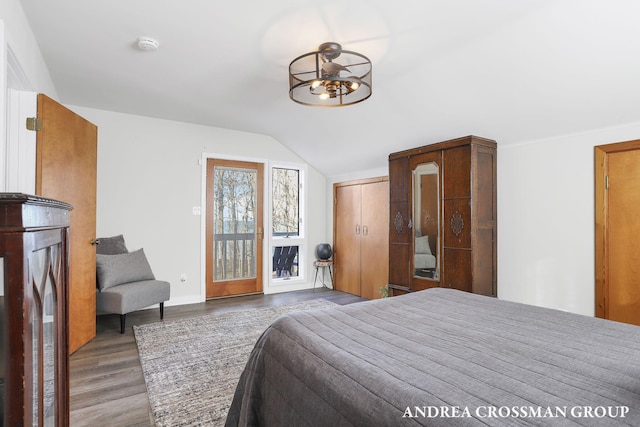 bedroom with dark hardwood / wood-style flooring, lofted ceiling, and a closet