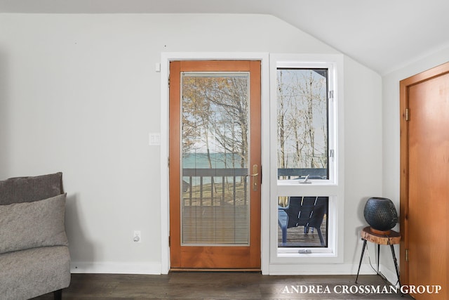 entryway with dark wood-type flooring and lofted ceiling