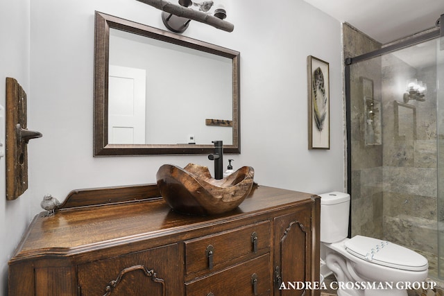 bathroom featuring vanity, toilet, and a shower with door