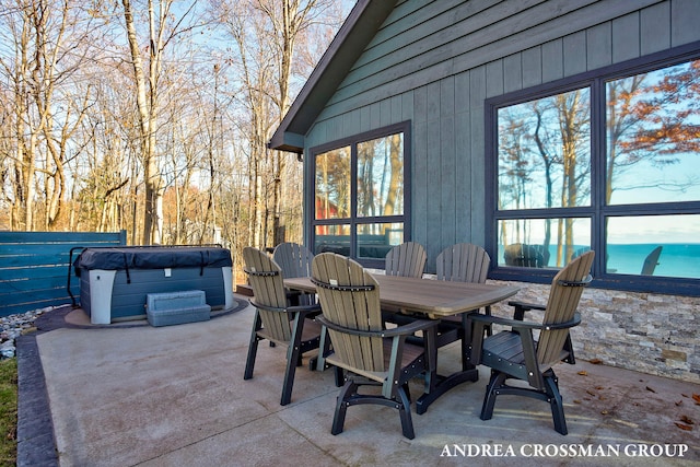 view of patio / terrace featuring a hot tub