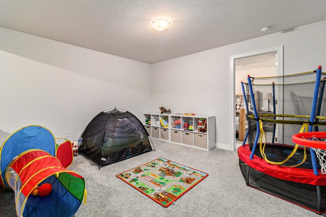 recreation room with carpet flooring and a textured ceiling