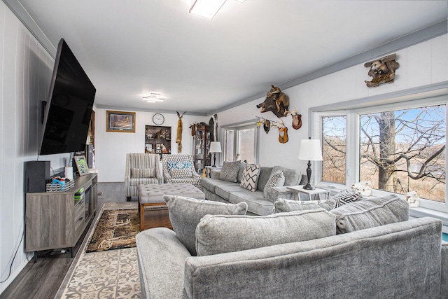 living room featuring hardwood / wood-style floors and ornamental molding