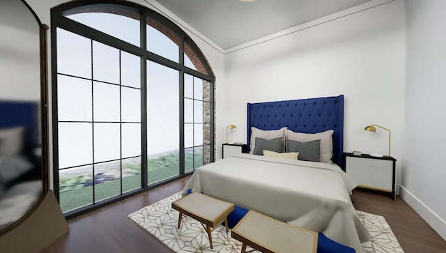 bedroom featuring dark hardwood / wood-style flooring and ornamental molding