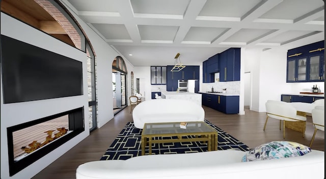 living room featuring beam ceiling, dark wood-type flooring, and coffered ceiling