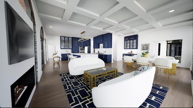 living room with beam ceiling, sink, dark wood-type flooring, and coffered ceiling