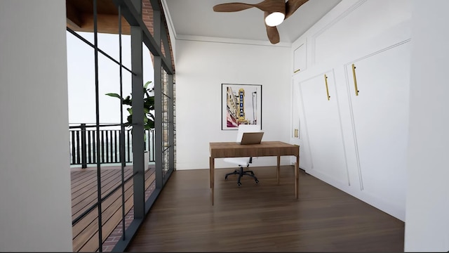 office featuring ceiling fan and dark hardwood / wood-style flooring