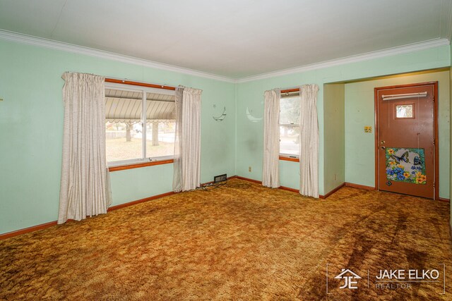 carpeted spare room featuring crown molding