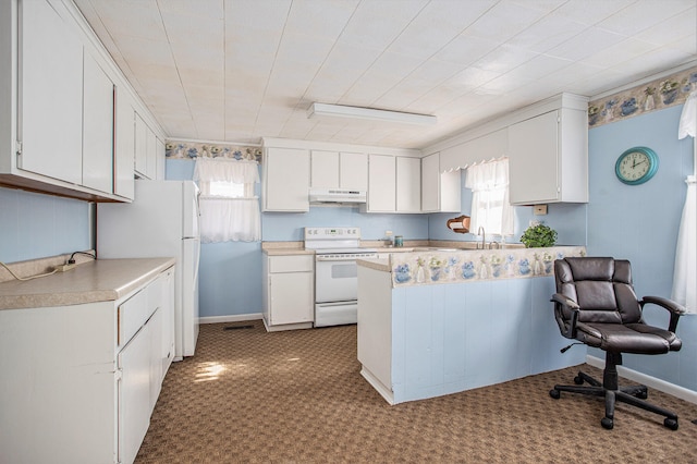 kitchen with carpet flooring, white cabinetry, and white appliances