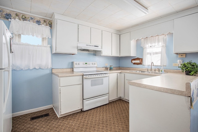 kitchen with white cabinets, white range with electric cooktop, and sink