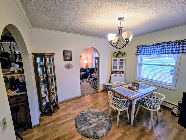 dining room featuring crown molding, wood-type flooring, a textured ceiling, and a baseboard heating unit