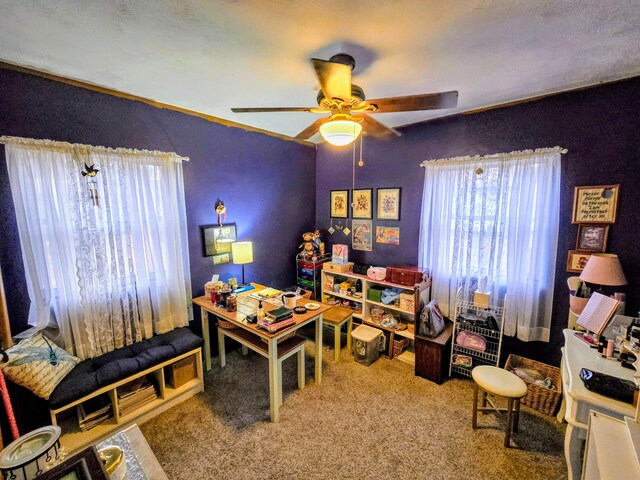 playroom featuring ceiling fan and carpet