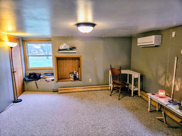 interior space with an AC wall unit, carpet flooring, and a baseboard heating unit