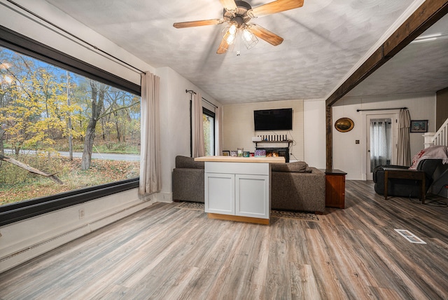 living room featuring hardwood / wood-style flooring, ceiling fan, a textured ceiling, and a baseboard radiator