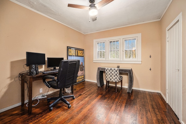 office space featuring ornamental molding, ceiling fan, and dark wood-type flooring