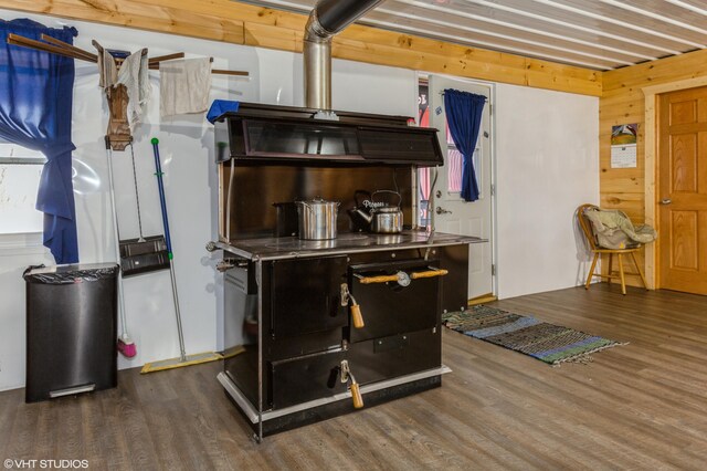 kitchen featuring stainless steel counters, wooden walls, and dark wood-type flooring