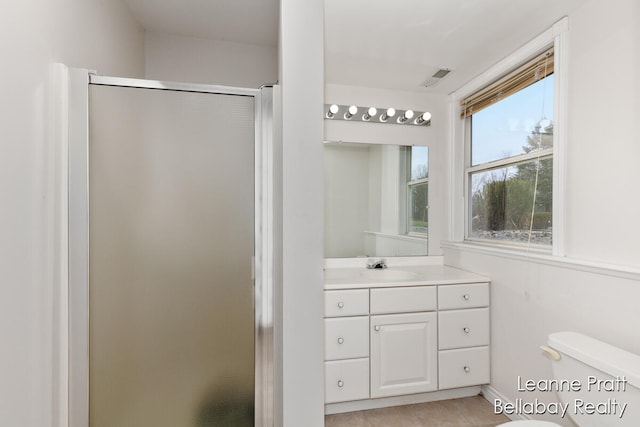 bathroom with vanity, an enclosed shower, and toilet