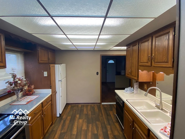 kitchen with a paneled ceiling, sink, black dishwasher, white fridge, and dark hardwood / wood-style flooring