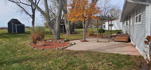 view of yard featuring a storage unit and a patio area