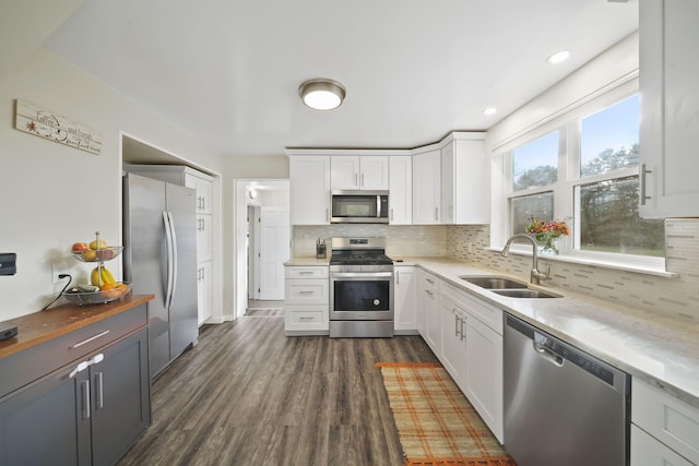 kitchen featuring dark wood-type flooring, sink, decorative backsplash, appliances with stainless steel finishes, and white cabinetry