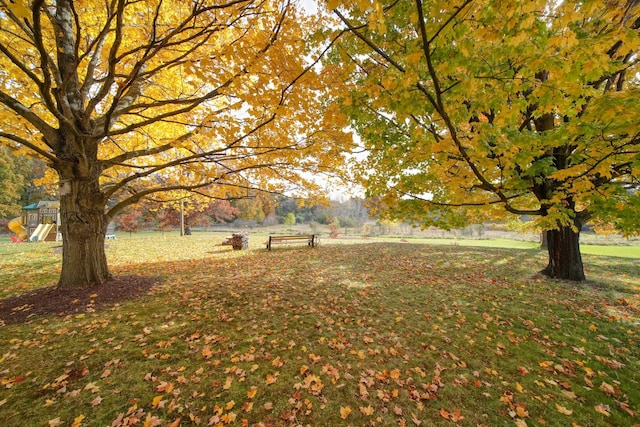 view of home's community featuring a playground and a lawn