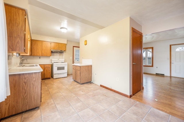 kitchen featuring white range oven, sink, and light hardwood / wood-style floors