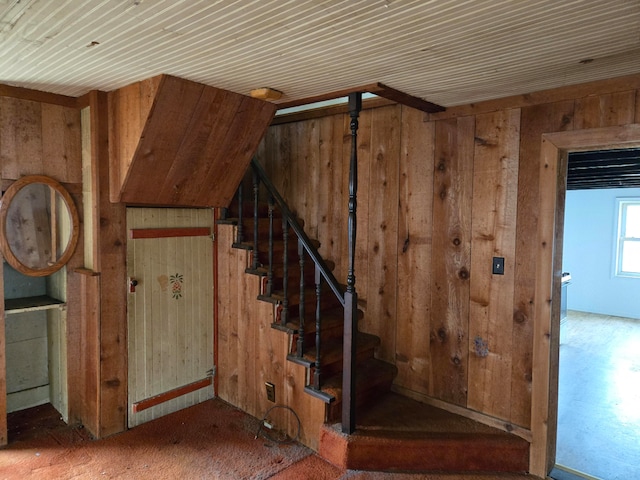 stairway with wooden walls