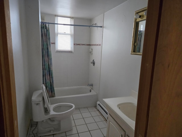 full bathroom with vanity, shower / bath combo, a baseboard heating unit, tile patterned flooring, and toilet